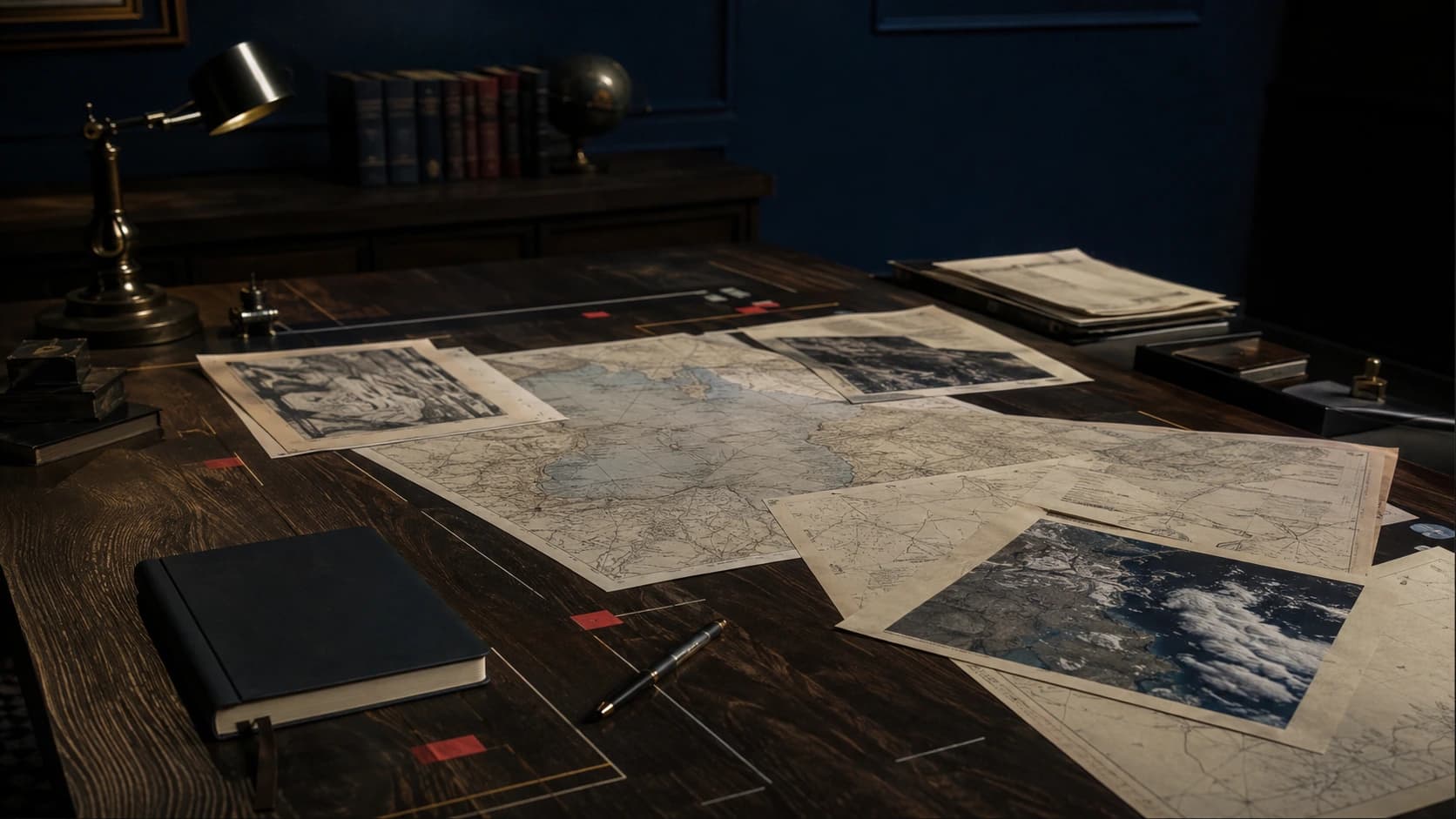 Mesa de análise com mapas, documentos e fotografias estratégicas
