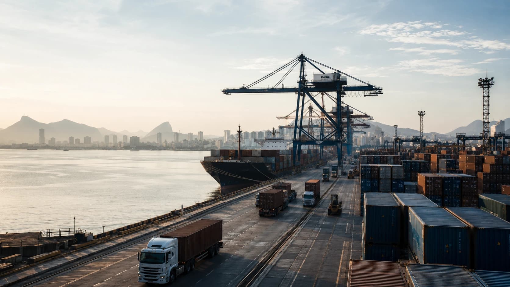 Porto brasileiro com navios, contêineres e infraestrutura logística